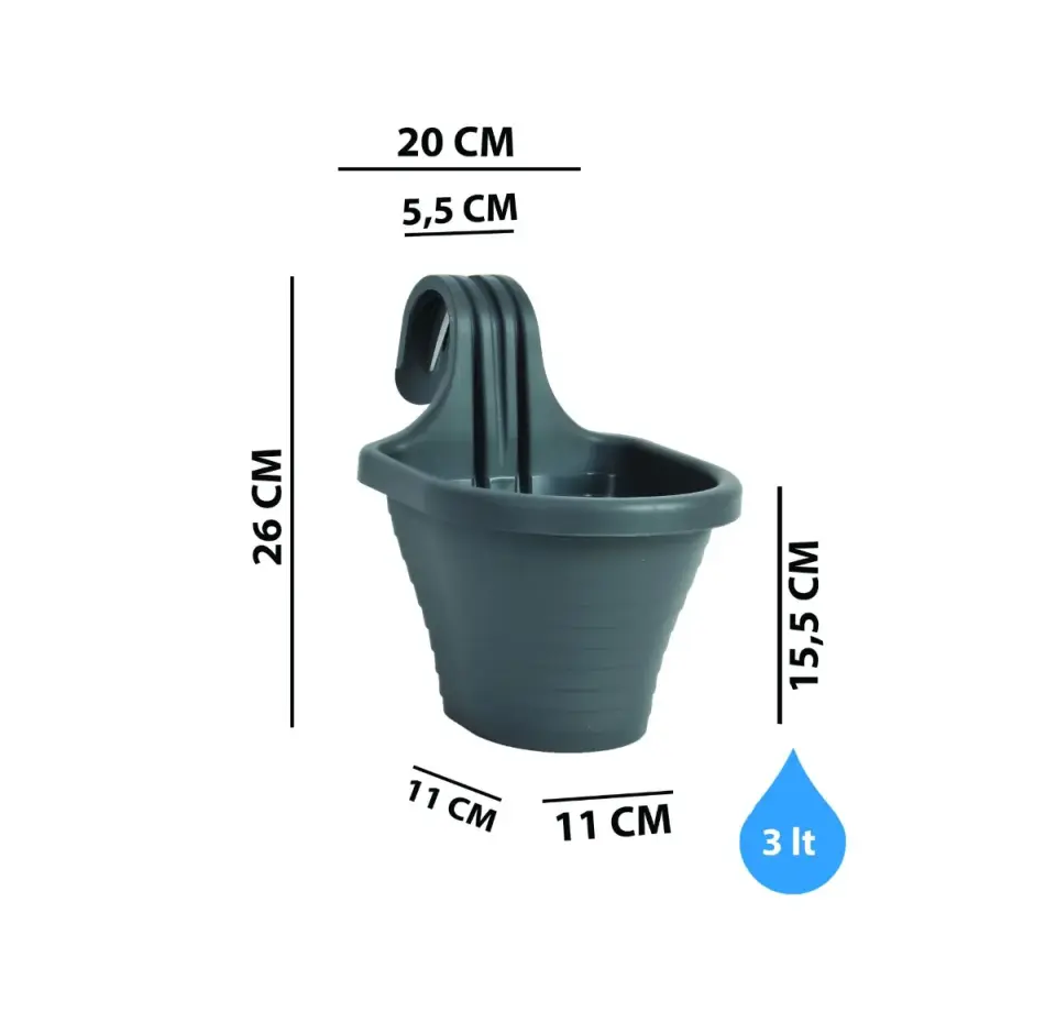 Tombik Askılı Balkon Saksı 3 NO - Antrasit