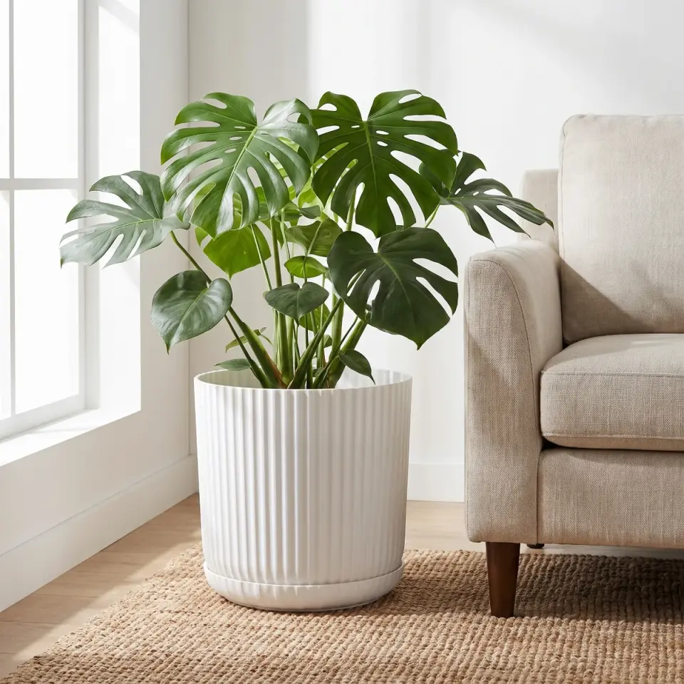 Lotus Tabaklı Süt Beyaz 3 NO salon koltuk yanı monstera