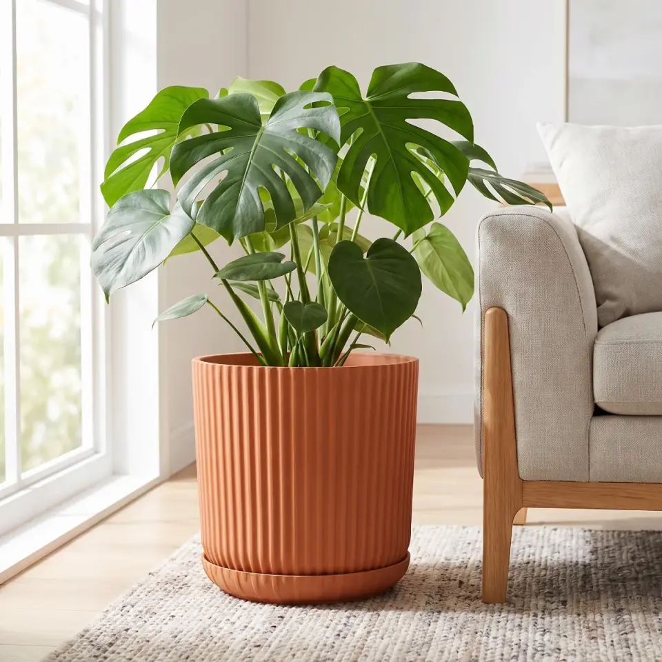 Lotus Tabaklı Kayısı Turuncu 3 NO salon koltuk yanı monstera