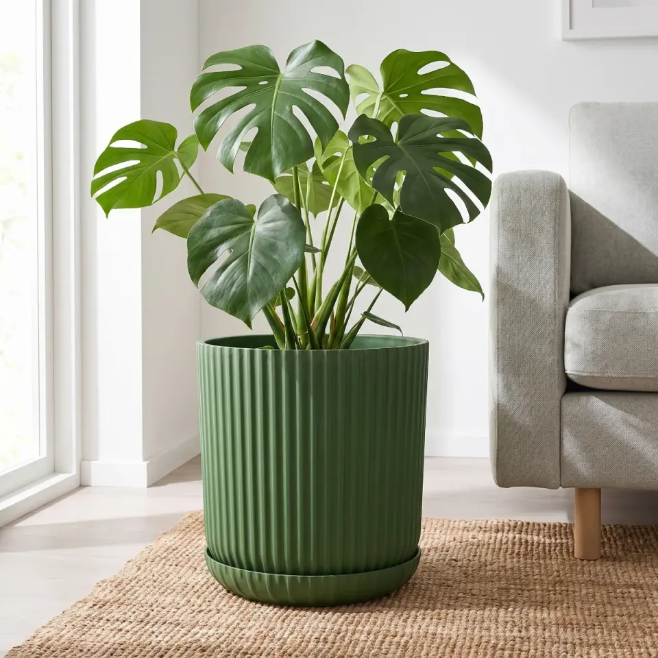 Lotus Tabaklı Zeytin Yeşili 3 NO salon koltuk yanı monstera