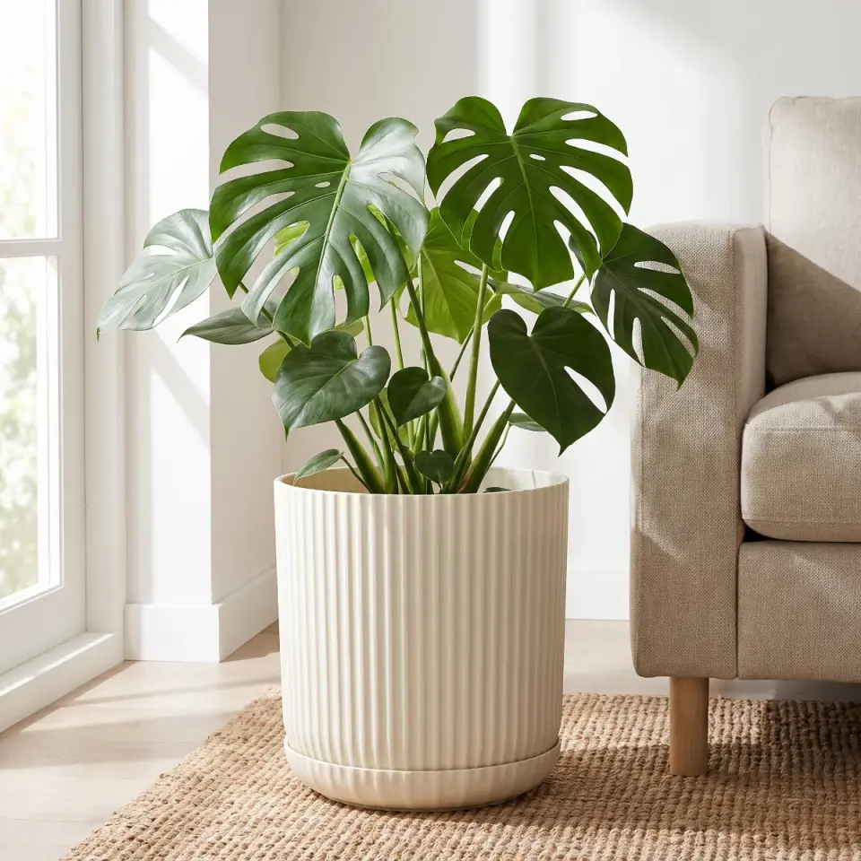 Lotus Tabaklı Kum Beji 3 NO salon koltuk yanı monstera