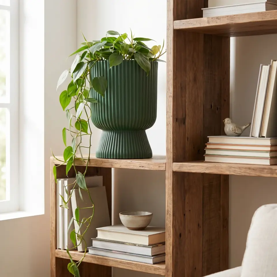 Lotus Vazo Zeytin Yeşili 2 NO ahşap raf sarkan filodendron
