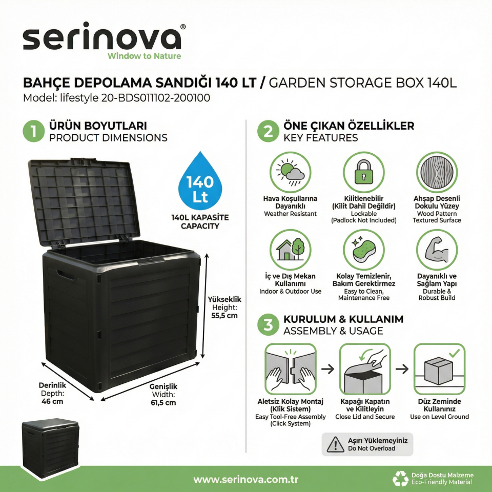 Serinova Bahçe Depolama Sandığı 140L – UV Dayanımlı Dış Mekan Sandığı